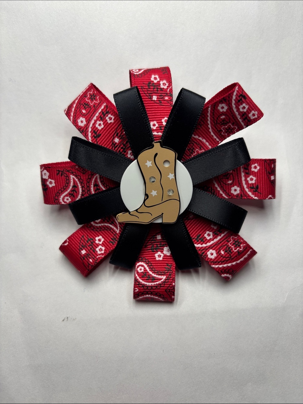 Cowboy Boot Ribbon Hair Bow - Red Bandana & Black Ribbon